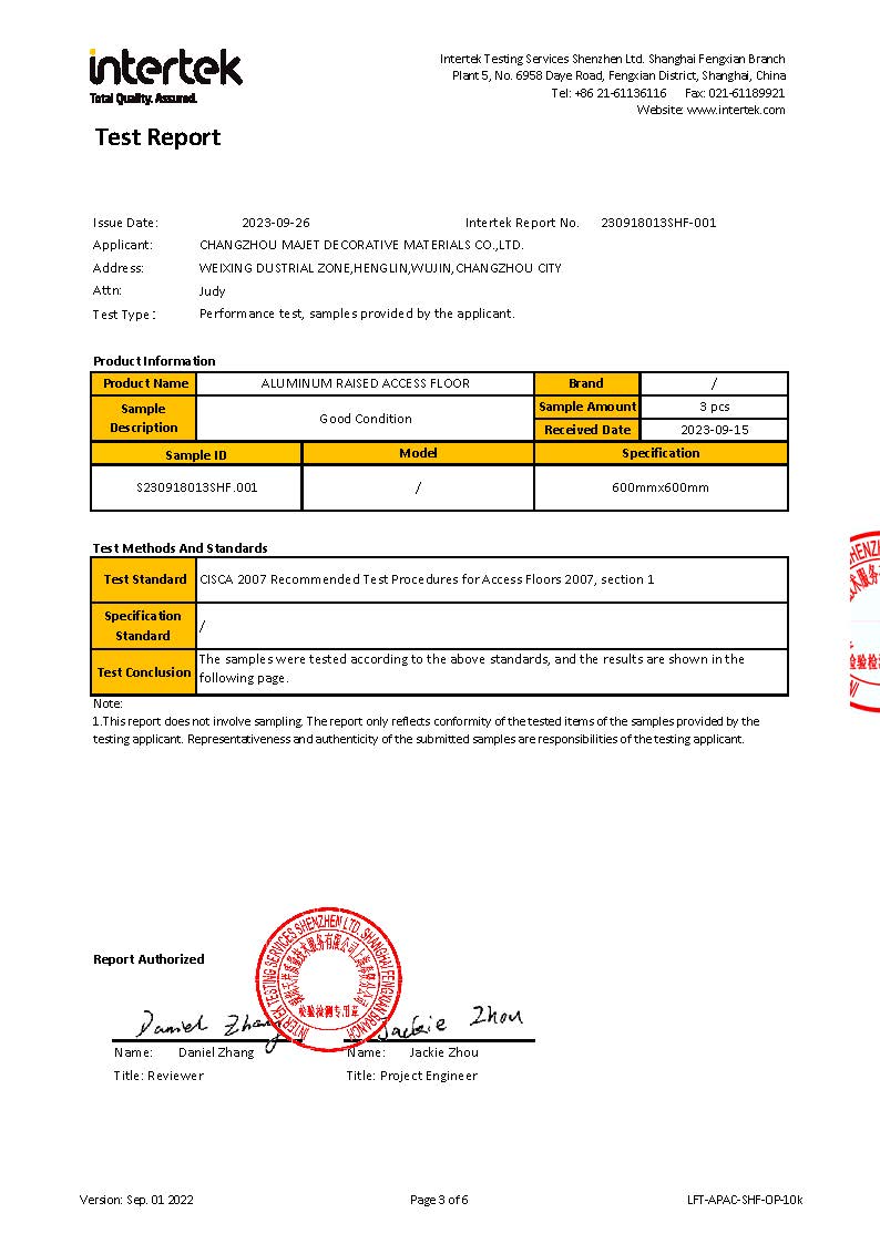 CISCA Aluminum raised floor loading test